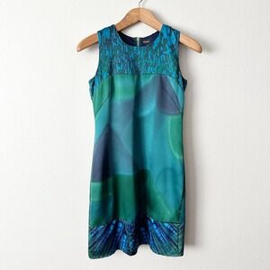 Elie Tahari Teal Green Silk Abstract Print Sleeveless Sheath Dress Size 2